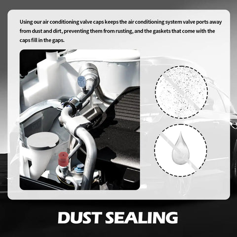 Car AC valve system with highlighted dust sealing, part of 33 Piece Car AC Valve Core Kit DIY Friendly With High And Low Pressure Caps Valve Stem Cores Removal Tool And R134A R12 Compatible AC Tools To Restore Cooling And Prevent Leaks.