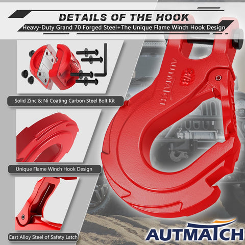 Beefy Three Eighths Inch Clevis Slip Hook With Safety Latch Heavy Duty Winch Hook Stopper Grade Seventy Forged Steel, red hook details