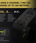Close-up of 2.4GHz 6-channel T-Rex RC controller with 350m range features for RC monster truck use.