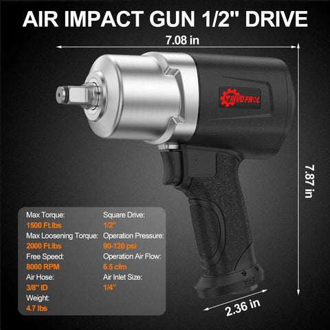 Heavy Duty 1/2 Inch Air Impact Wrench With 1500 Ft-Lbs Torque, 8000 RPM, 4.74 Lb Weight, 1/2 Drive, Twin Hammer Design