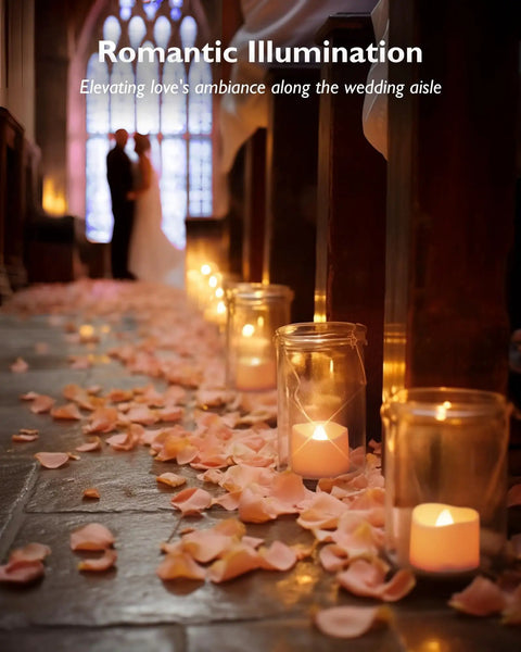 Romantic wedding aisle with rose petals and candle-lit glow.