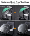 77mm Ultra Low Reflectivity Circular Polarizer Filter With 28 Multi Layer Coatings Ultra Slim High Definition NanoX Series Lens Filter showing water and dust proof coating