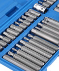 Top Notch 40 Pc Hex Star Torx Spline Bit Set With 1/2 And 3/8 Inch Drive Crank Tool Kit Built From Durable Alloy Steel For Heavy Duty Jobs Fast Bit Swaps And Handy Blow Molded Case Storage, blue case open with hex star bits