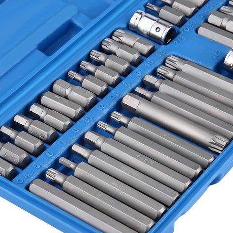 Top Notch 40 Pc Hex Star Torx Spline Bit Set With 1/2 And 3/8 Inch Drive Crank Tool Kit Built From Durable Alloy Steel For Heavy Duty Jobs Fast Bit Swaps And Handy Blow Molded Case Storage, blue case open with hex star bits