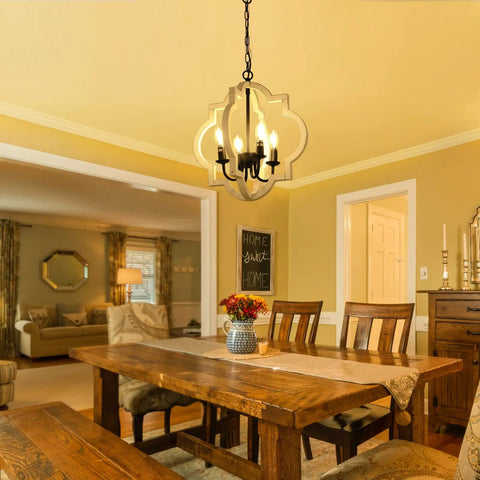 Farmhouse 4 Light Rustic Wood Chandelier Pendant Light For Dining Room Foyer And Kitchen with cozy vintage vibe above table