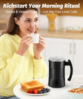 Woman enjoying coffee made with 4 In 1 Milk Frother And Steamer For Hot And Cold Foam, 11.8 oz Capacity, Quiet Operation on kitchen counter
