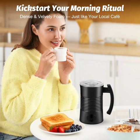 Woman enjoying coffee made with 4 In 1 Milk Frother And Steamer For Hot And Cold Foam, 11.8 oz Capacity, Quiet Operation on kitchen counter