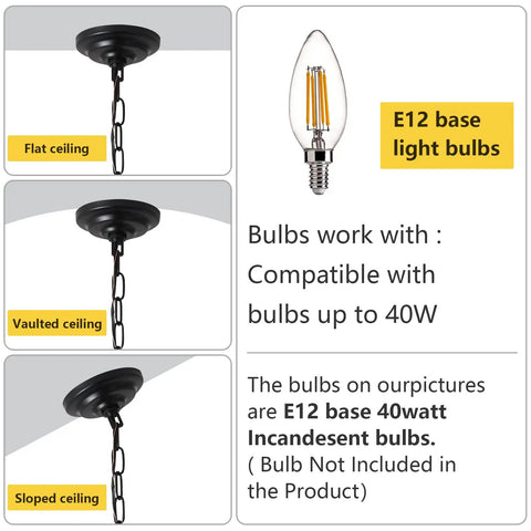 Ceiling mounting options and E12 bulb for Six Light Farmhouse Chandelier With Rustic Industrial Wagon Wheel Design In Black