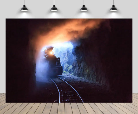 Massive 118x78 Inch Steam Train Tapestry with wood burning locomotive in tunnel, ideal for bedroom or dorm decor.