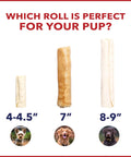 Comparison of dog chew rolls, Thick American Beefhide Dog Chew Rolls 8-9 Inch Natural Flavor Long Lasting Rawhide Treats sizes.