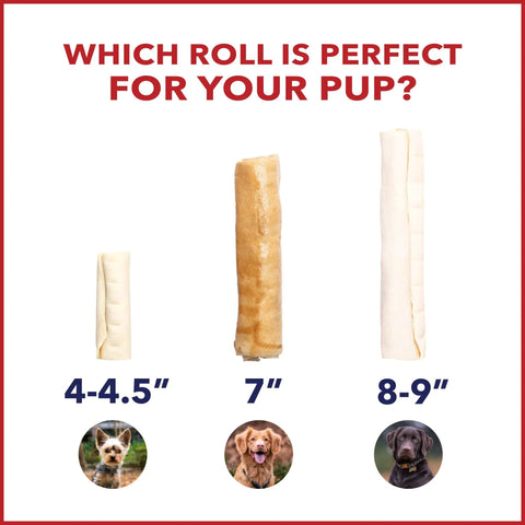 Comparison of dog chew rolls, Thick American Beefhide Dog Chew Rolls 8-9 Inch Natural Flavor Long Lasting Rawhide Treats sizes.
