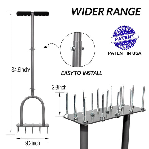 Manual Lawn Aerator Spike Tool With 15 Iron Spikes Pre Assembled Dethatching And Soil Aeration, 34.6in handle and dimensions shown