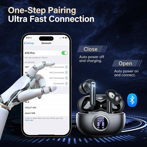 Wireless Earbuds With LED Power Display And 50 Hour Playtime Bluetooth 5.3 HiFi Stereo Earphones ENC Noise Cancellation IPX7 Waterproof Perfect For Gym Running And Workouts with smartphone pairing