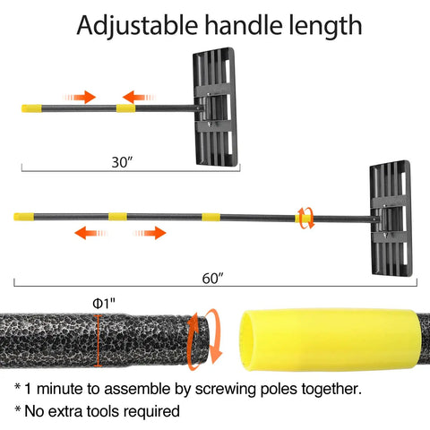 Heavy Duty Lawn Leveling Rake With Extra Long 60 Inch Steel Handle showing adjustable length from 30 to 60 inches.