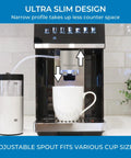 Heavy Hitter Fully Automatic Espresso Maker Featuring Bright Color Touchscreen with adjustable spout for various cup sizes.