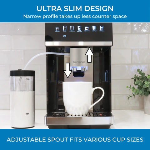 Heavy Hitter Fully Automatic Espresso Maker Featuring Bright Color Touchscreen with adjustable spout for various cup sizes.