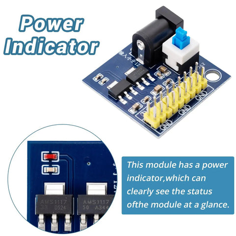 Five Pack Do It All DC-DC Power Modules For 12V To 3.3V And 5V Conversion With Triple Outputs 3.3V 5V And 12V Pass Through 800mA Max Input shown with power indicator