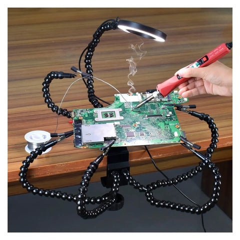 Multi Arm Third Hand Soldering Station With Eight Flexible Gooseneck Arms Desk Clamp Holder for PCB Welding and DIY Projects in use