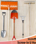 16 Pack U Hooks Value Pack Heavy Duty Wall Hangers holding tools like shovels and brooms in a garage setting