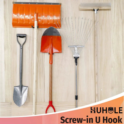 16 Pack U Hooks Value Pack Heavy Duty Wall Hangers holding tools like shovels and brooms in a garage setting