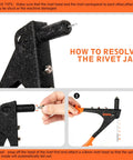 Instructions for resolving rivet jam on Heavy Duty Pop Rivet Gun Kit With 200 Rivets And 4 Interchangeable Nosepieces.