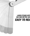 OEMTOOLS 22-blade go-no-go feeler gauge with SAE and metric blades, metal tool, close-up view
