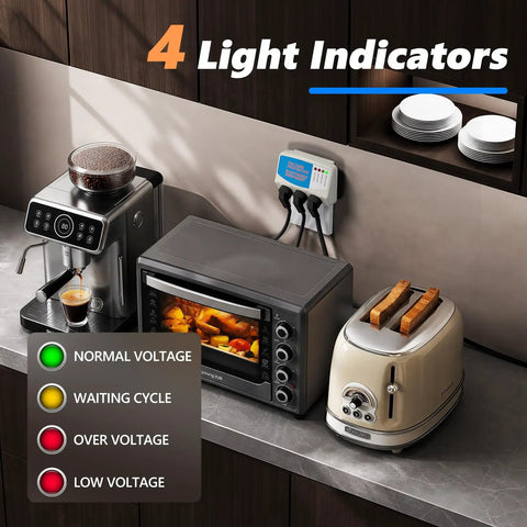 Three Outlet Surge Protector Power Strip For Home Appliances with light indicators for voltage protection next to kitchen appliances.