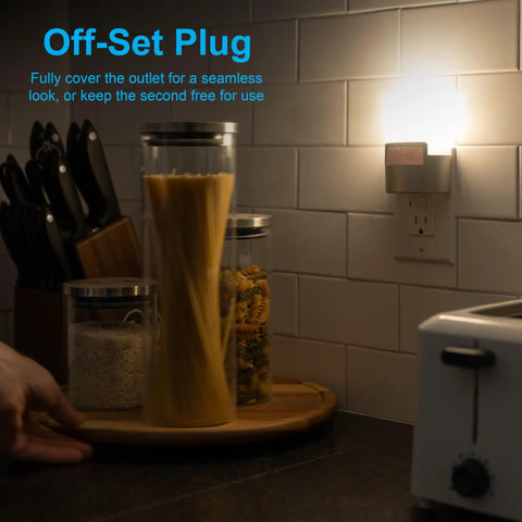 Led Motion Sensor Night Light Plug In Wall 40 Lumens Soft White UL Certified Energy Efficient Nightlight in kitchen setting