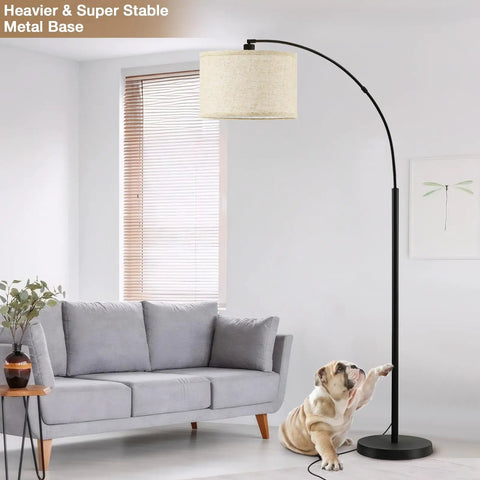 Arched 71 Inch Floor Lamp With Fully Dimmable 0 To 100 Percent Light And Foot Pedal Switch in living room with couch and dog