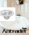 Heavy Duty Stainless Steel Kitchen Sink Strainers, 2 Inch Round Drain Filters For Bathrooms in a bathtub setting with mesh design.