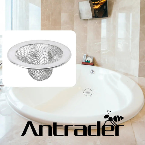 Heavy Duty Stainless Steel Kitchen Sink Strainers, 2 Inch Round Drain Filters For Bathrooms in a bathtub setting with mesh design.