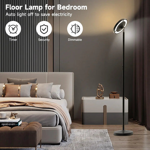 Bedroom with Dope RGB Floor Lamp With Double Side Lighting, Smart App Control, next to bed and nightstand, dimmable feature.