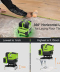 Pro Grade Multi Line Laser Level with Four Vertical Lines and a 360 Degree Horizontal Floor Line Self Leveling in use on floor