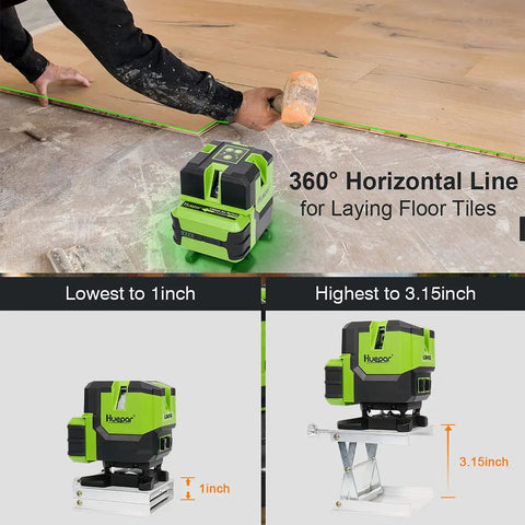 Pro Grade Multi Line Laser Level with Four Vertical Lines and a 360 Degree Horizontal Floor Line Self Leveling in use on floor