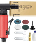 Tough Workhorse Right Angle Air Die Grinder Pulling 20000 Rpm With Rear Exhaust Design Included Oil Cup Plus 1/4 And 1/8 Collets with accessories and packaging.