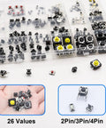 260Pcs Micro Momentary Tactile Push Button Switch Kit With 26 Values 2 3 4 Pin Options shown with assorted switches