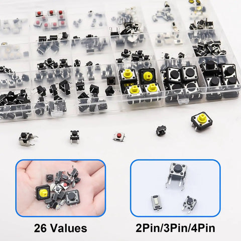 260Pcs Micro Momentary Tactile Push Button Switch Kit With 26 Values 2 3 4 Pin Options shown with assorted switches