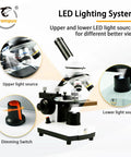 Achromatic Compound Minocular Microscope 40X To 2000X With Dual LED Illumination showing upper and lower light sources