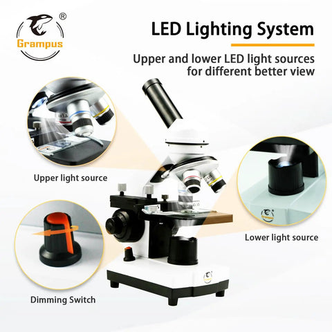Achromatic Compound Minocular Microscope 40X To 2000X With Dual LED Illumination showing upper and lower light sources