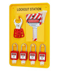 Heavy-Duty Lockout Tagout Station Kit With 4 Brass Cylinder Safety Padlocks, Hasp And OSHA Compliance Tags on yellow board