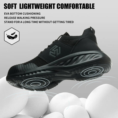 Indestructible Slip On Steel Toe Shoes For Men Built Tough For Work Non Slip Lightweight Safety Sneakers, side view, black, Size 7.