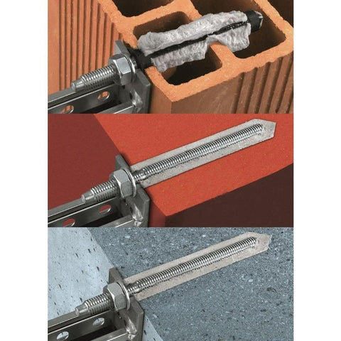 Installed Hilti HAS E 1 Inch By 14 Inch Anchor Rods 2 Pack With Chisel Tip For HVU System, showing use in various materials
