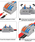 10 Pack Lever Wire Connectors Quick Wiring Cable Push-In Conductor Terminal Block 2 In 4 Out No Fuss Easy Install For Hard Wire 0.08-4.0mm2 And Soft Wire 0.08-2.5mm2 Great For Home, Lighting, Machinery And Electrical DIY., 4-step wiring guide, PA66/PC shell, lever open and close with stripped wires