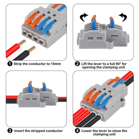 10 Pack Lever Wire Connectors Quick Wiring Cable Push-In Conductor Terminal Block 2 In 4 Out No Fuss Easy Install For Hard Wire 0.08-4.0mm2 And Soft Wire 0.08-2.5mm2 Great For Home, Lighting, Machinery And Electrical DIY., 4-step wiring guide, PA66/PC shell, lever open and close with stripped wires