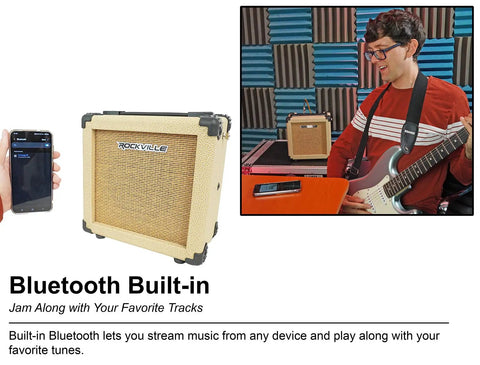 G-Charge 20 Battery Powered Guitar Amplifier With 6.5 Inch Speaker and Bluetooth connectivity shown streaming music.