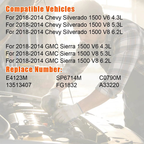 Mechanic working on engine bay for Silverado Sierra 2014-2018 V6 V8 with part numbers; Electric Fuel Pump Assembly Fits Chevy Silverado 1500 And GMC Sierra 1500 From 2014 To 2018 With V6 4.3L Or V8 5.3L And 6.2L Replacement SP6714M FG1832 C0790M 13513407 A33220