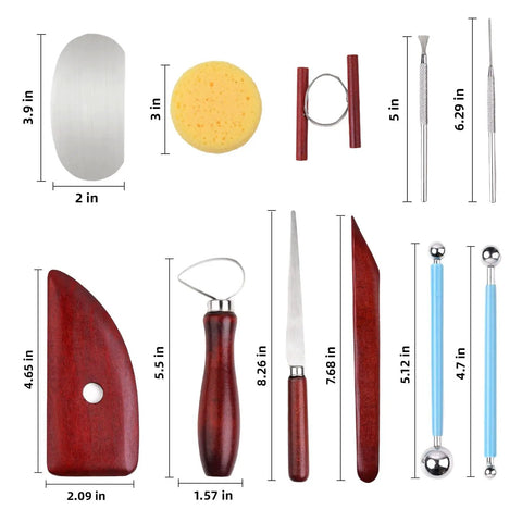 18 Piece Clay Sculpting Tools Set for Pottery and Sculpting with Wooden Handles, various tools displayed with measurements.