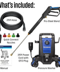 Beast Electric Pressure Washer With 2500 Max PSI And 1.76 GPM showing pro style steel wand, quick connect nozzles, power cord, and hose