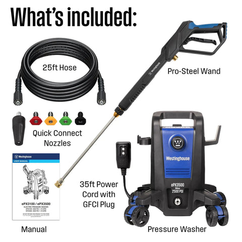 Beast Electric Pressure Washer With 2500 Max PSI And 1.76 GPM showing pro style steel wand, quick connect nozzles, power cord, and hose