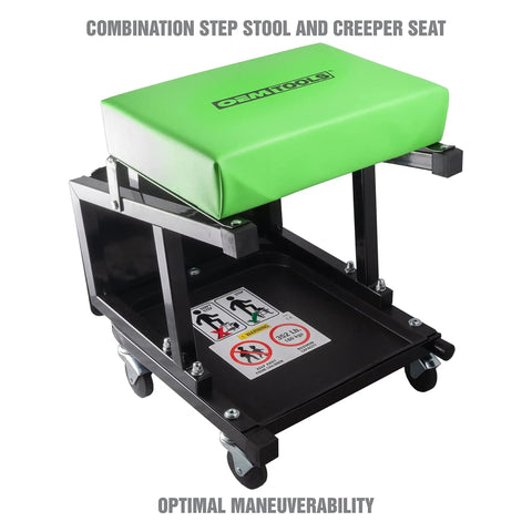2 In 1 Mechanic Stool And Step Stool With Rolling Seat Adjustable Height Thick Padded Vinyl Cushion 300 lb Capacity Five Swivel Casters